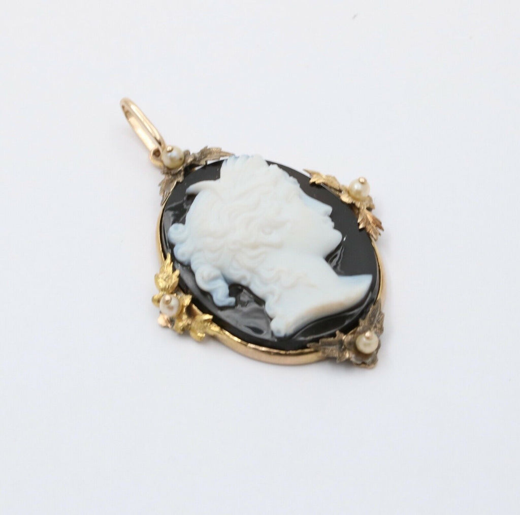 Victorian Cameo Seed Pearls Onyx 14K Yellow Gold Pendant