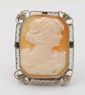 Victorian Adorable Carved Shell Cameo Woman's Portrait Filigree Brooch, Pin. Pen