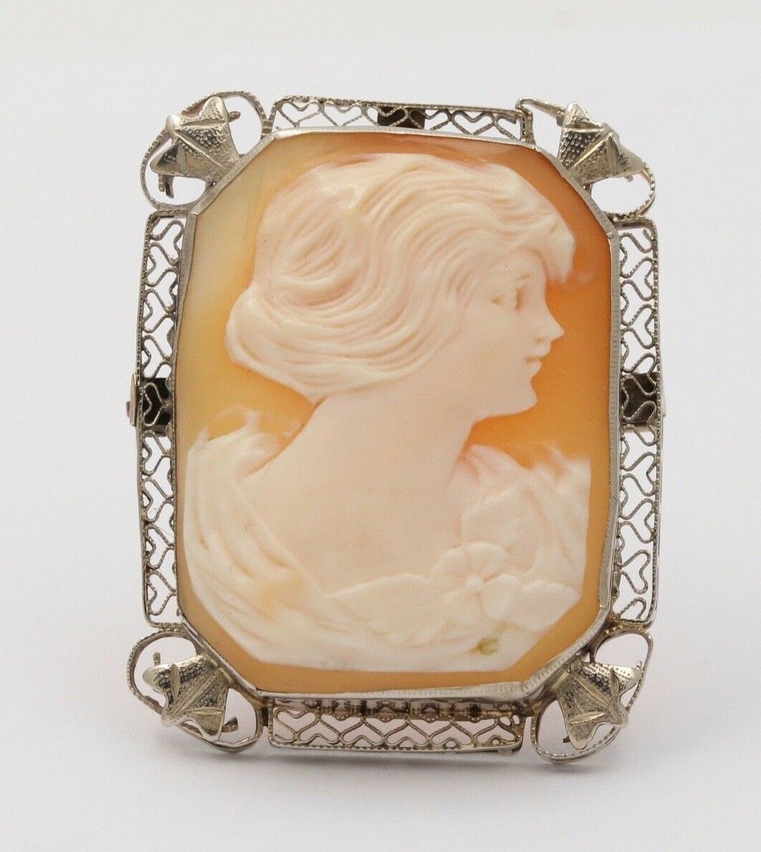 Victorian Adorable Carved Shell Cameo Woman's Portrait Filigree Brooch, Pin. Pen