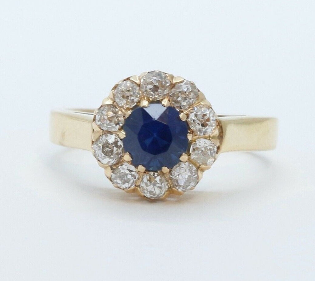 Beautiful Victorian Blue Sapphire Old Miner Cut Diamonds 18K Yellow Gold Ring