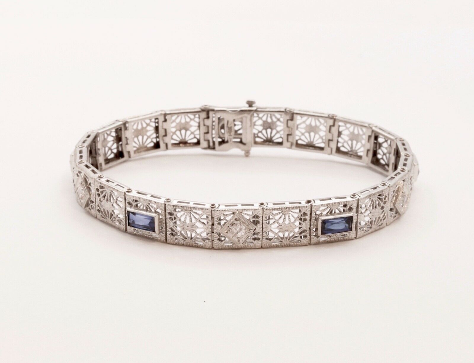 Art Deco Ladies Bracelet Diamonds Blue Sapphires 14K White Gold