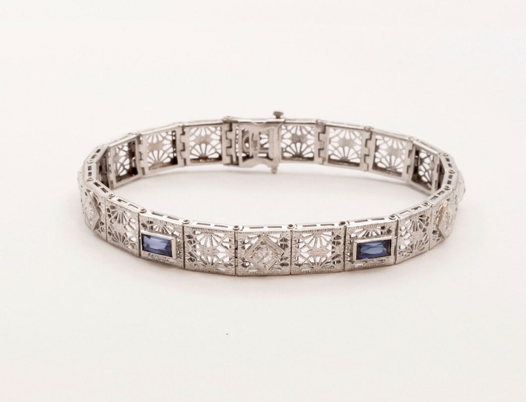 Art Deco Ladies Bracelet Diamonds Blue Sapphires 14K White Gold