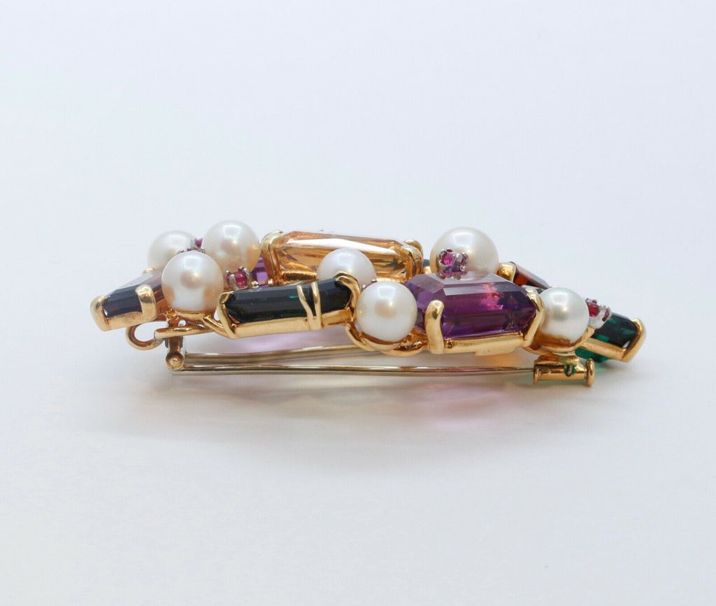 Luxurious Vintage Multi Stone 18K Yellow Gold Pendant Brooch Pin