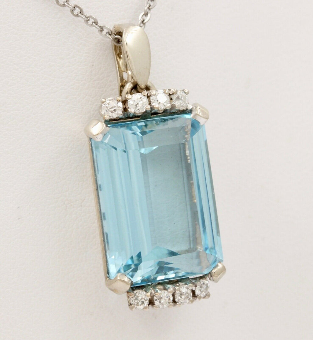 Vintage Aquamarine Diamonds 14K White Gold Pendant
