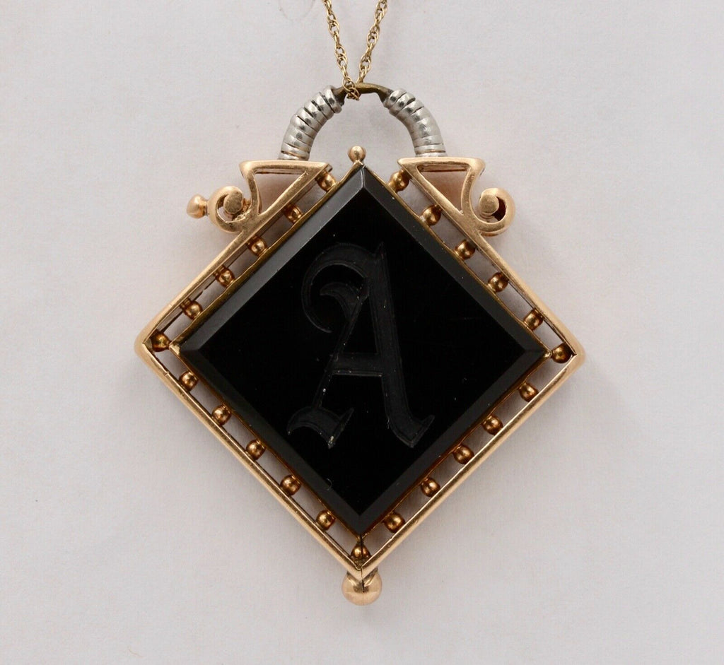 Art Nouveau Intaglio Carved Onyx 14K Yellow White Gold Pendant