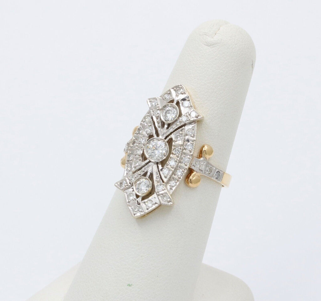 Vintage Russian Navette Diamonds 18K Yellow White Gold Ring