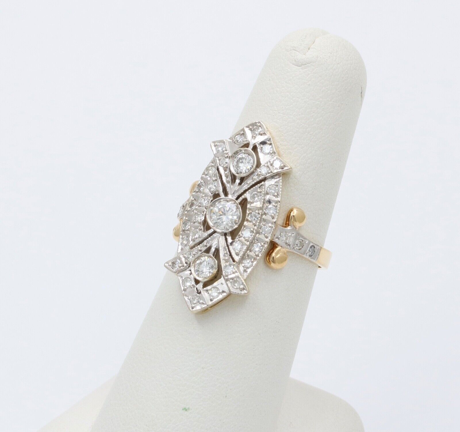 Vintage Russian Navette Diamonds 18K Yellow White Gold Ring