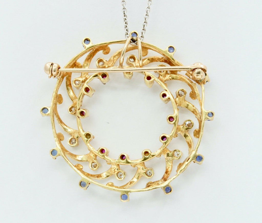 Wreath Brooch Pendant 18K Yellow Gold Diamonds Rubies Sapphires