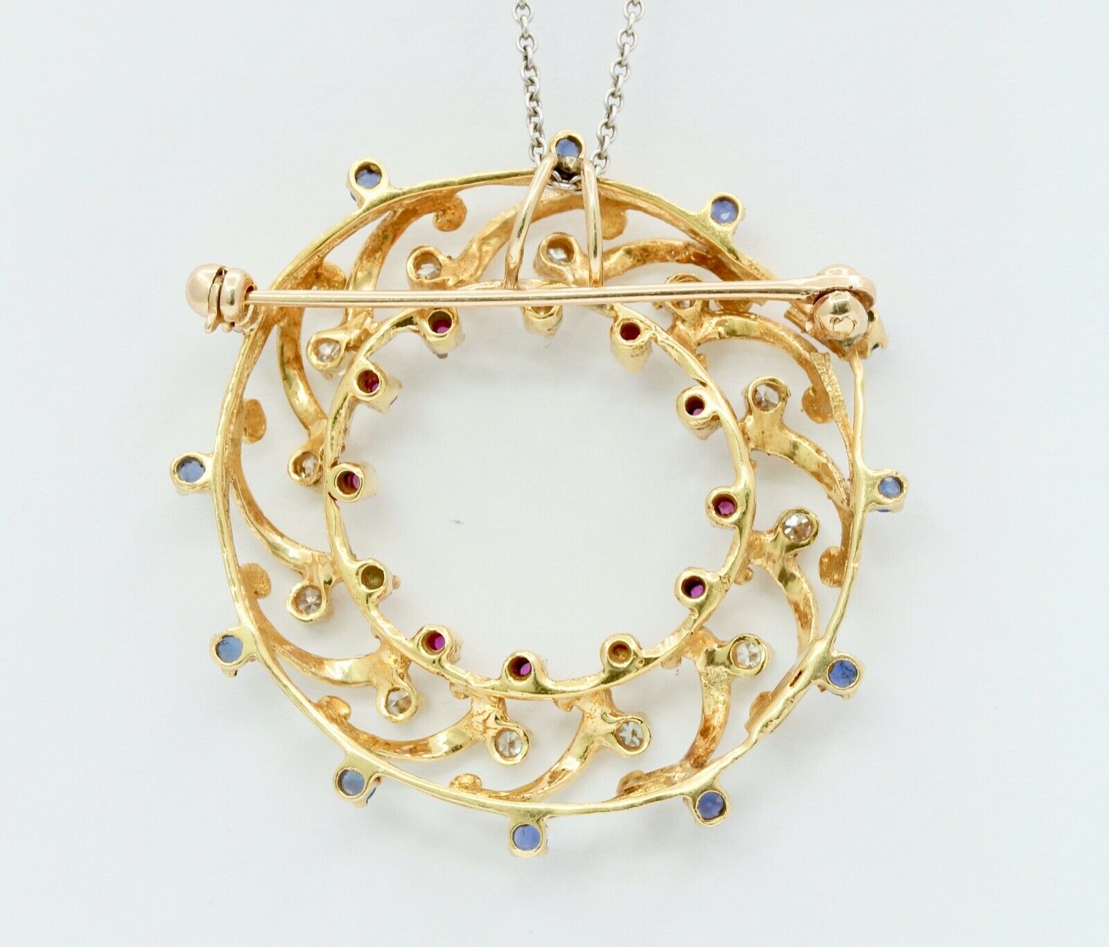 Wreath Brooch Pendant 18K Yellow Gold Diamonds Rubies Sapphires