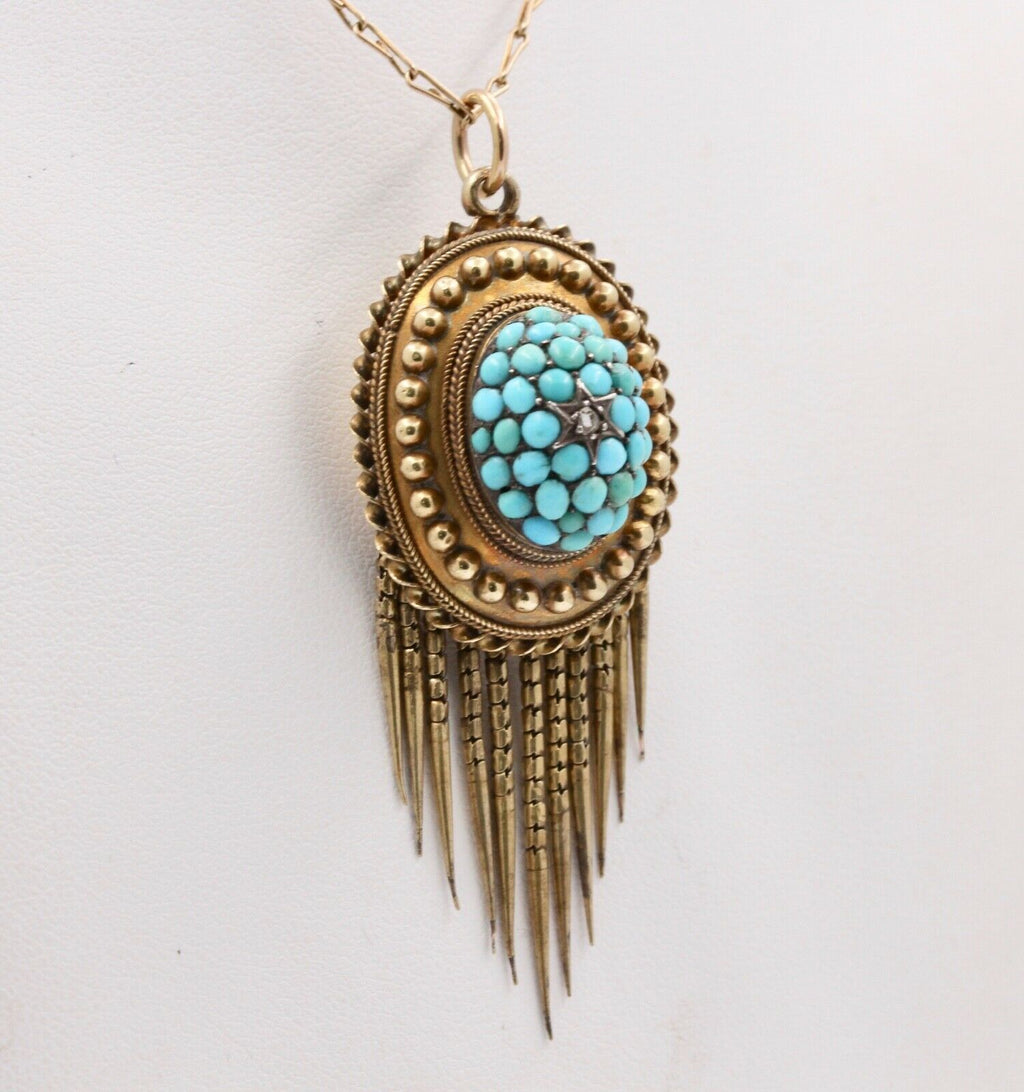 Victorian Rose Cut Diamond Turquoise 14K Yellow Gold Pendant