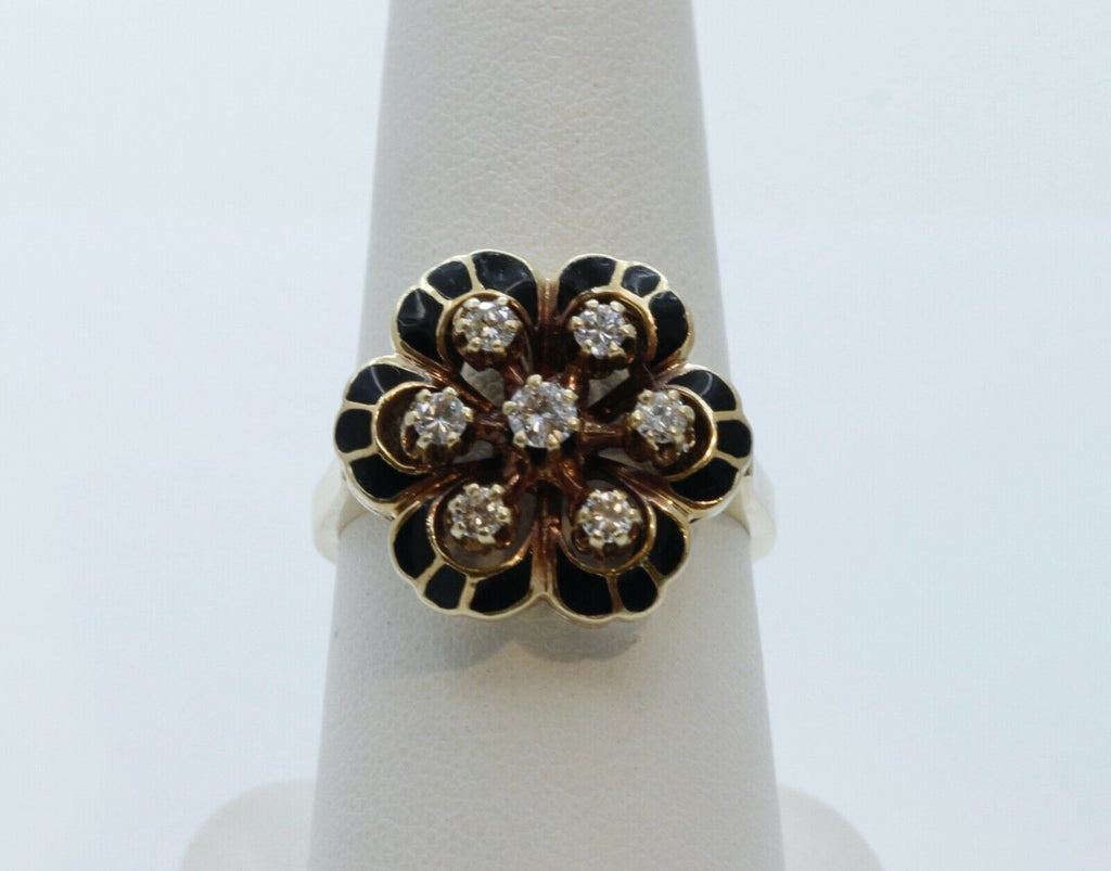 Victorian Diamonds 14K Yellow Gold Black Enamel Ring