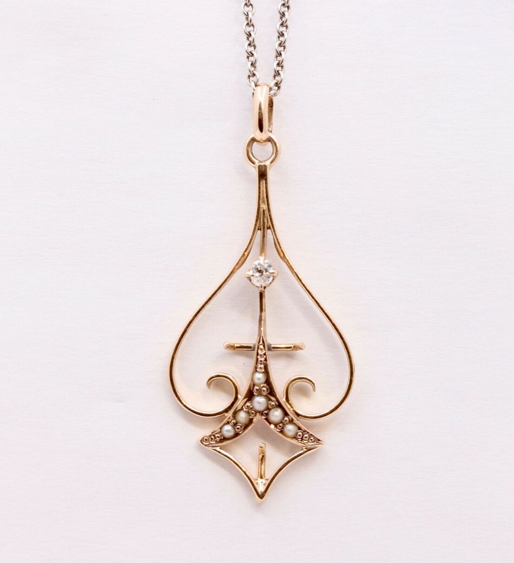 Victorian 10 Yellow Gold Diamond Seed Pearls Pendant