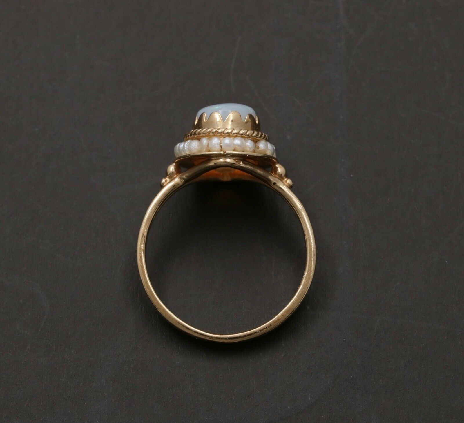 Vintage 14K Yellow Gold Opal Pearl Halo Ring, Statement Ring.
