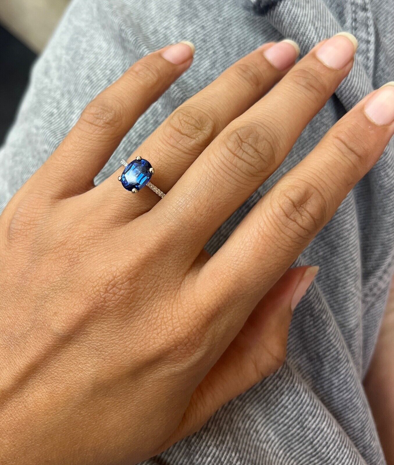 Classic 14K White Gold Sapphire & Diamond Ring, Engagement Ring.