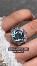 Load image into Gallery viewer, Vintage Platinum Aquamarine and Twirling Diamond Halo Ring, Statement Ring.
