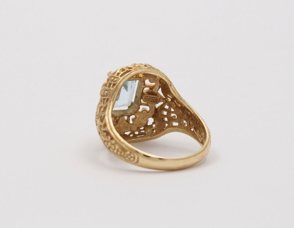 Vintage 10K Yellow Gold Filigree Blue Topaz Ring