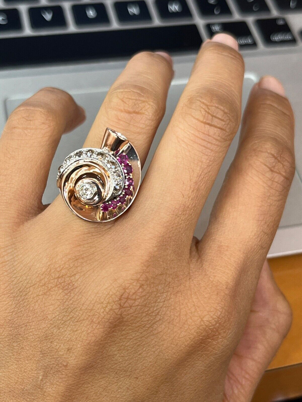 Retro 14K Rose & White Gold Diamond And Ruby Statement Spiral Ring