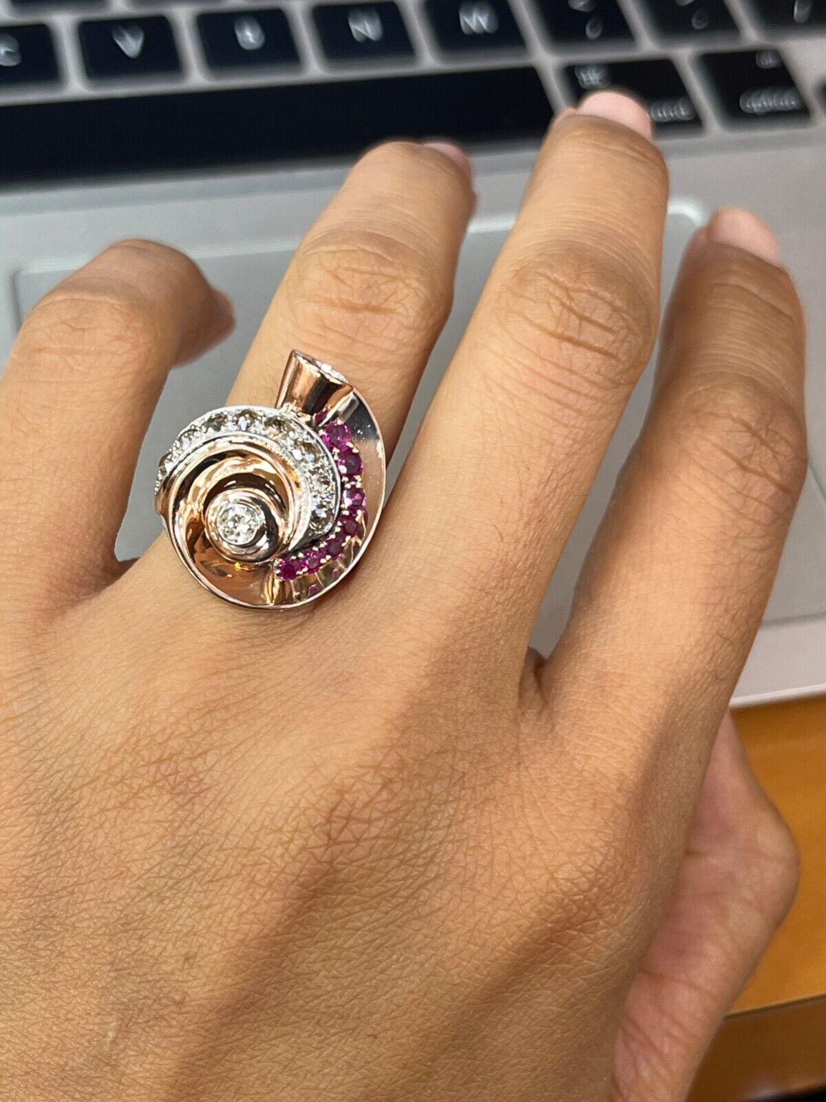 Retro 14K Rose & White Gold Diamond And Ruby Statement Spiral Ring
