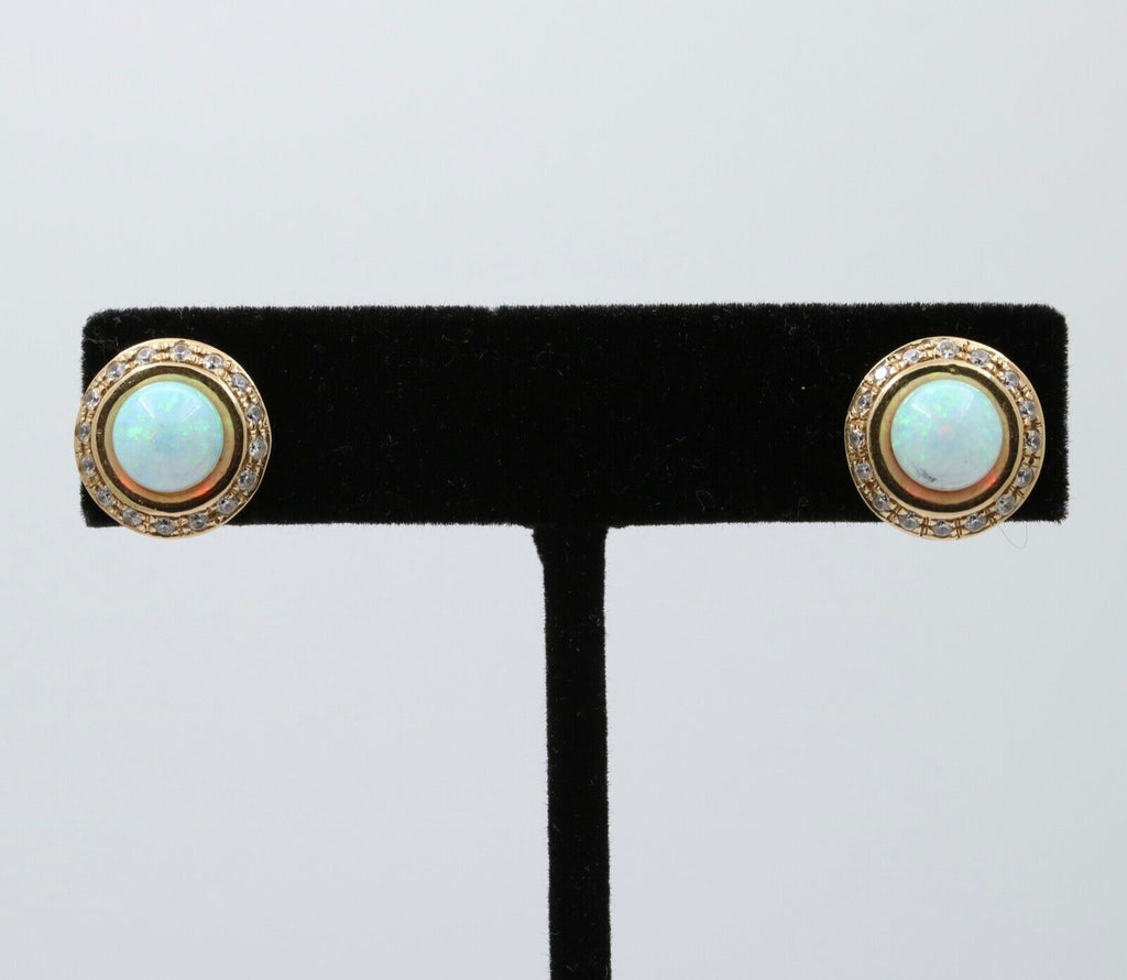 Vintage 14K Gold Opal, Diamond Halo Studs Earrings.
