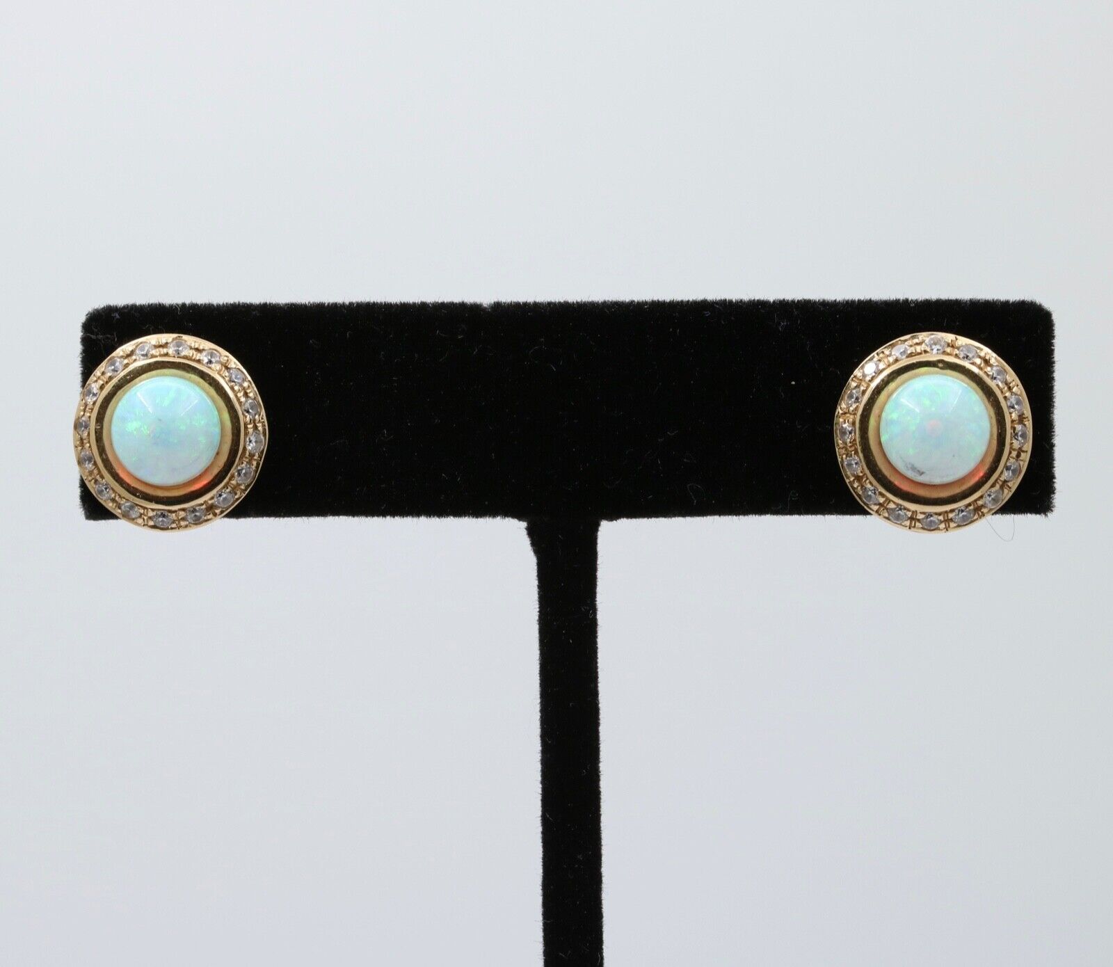 Vintage 14K Gold Opal, Diamond Halo Studs Earrings.