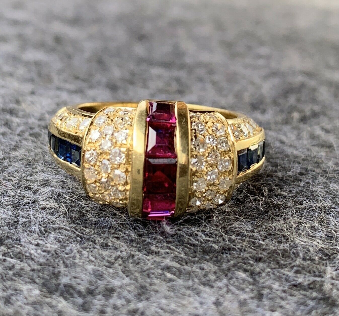 Vintage 1980’s Pave Diamond,Ruby and Sapphire Tri-Color Ring
