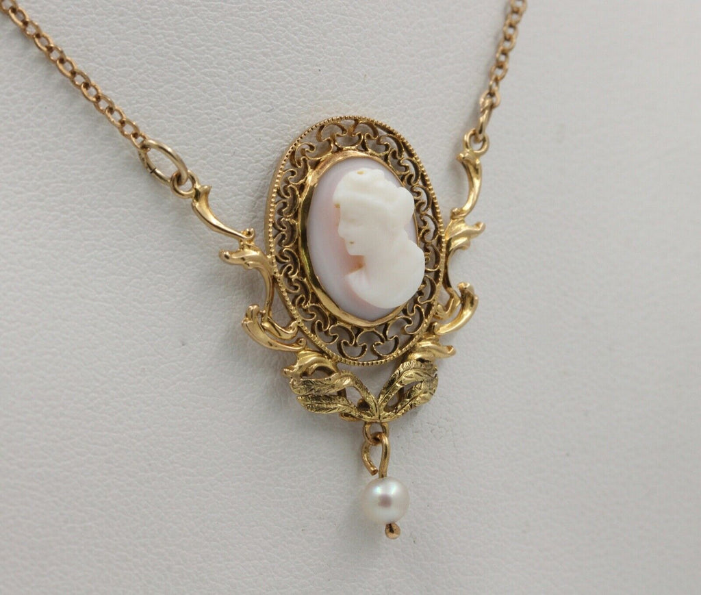 Art Nouveau Cameo Pearl 14K 10K Pendant and Chain