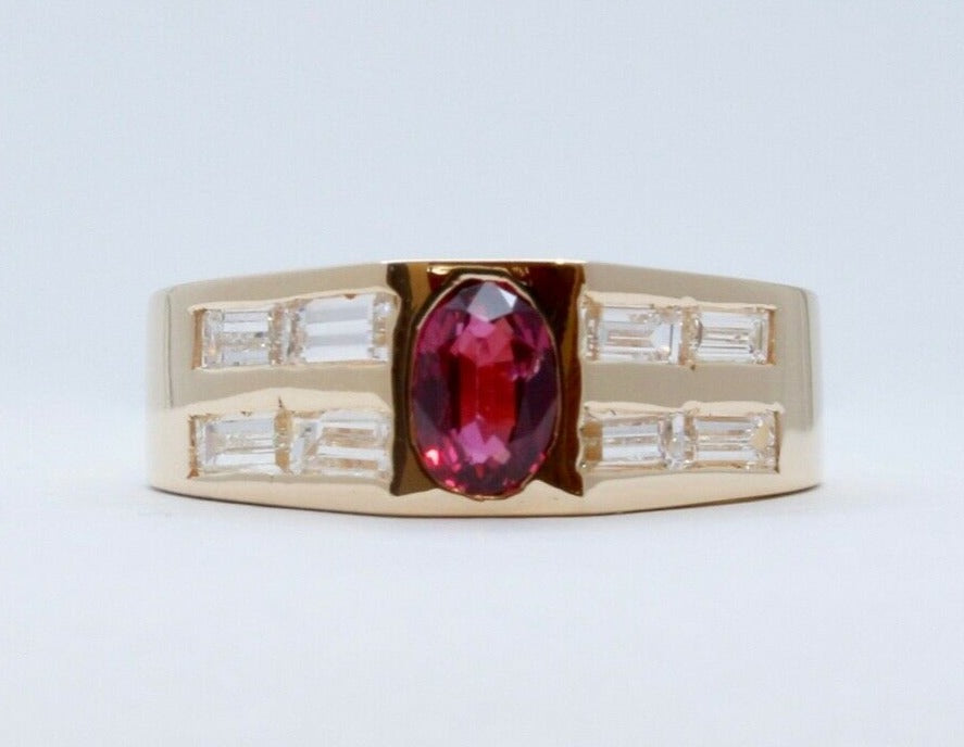 Geometric Vintage Ruby Diamonds 14K Yellow Gold Ring