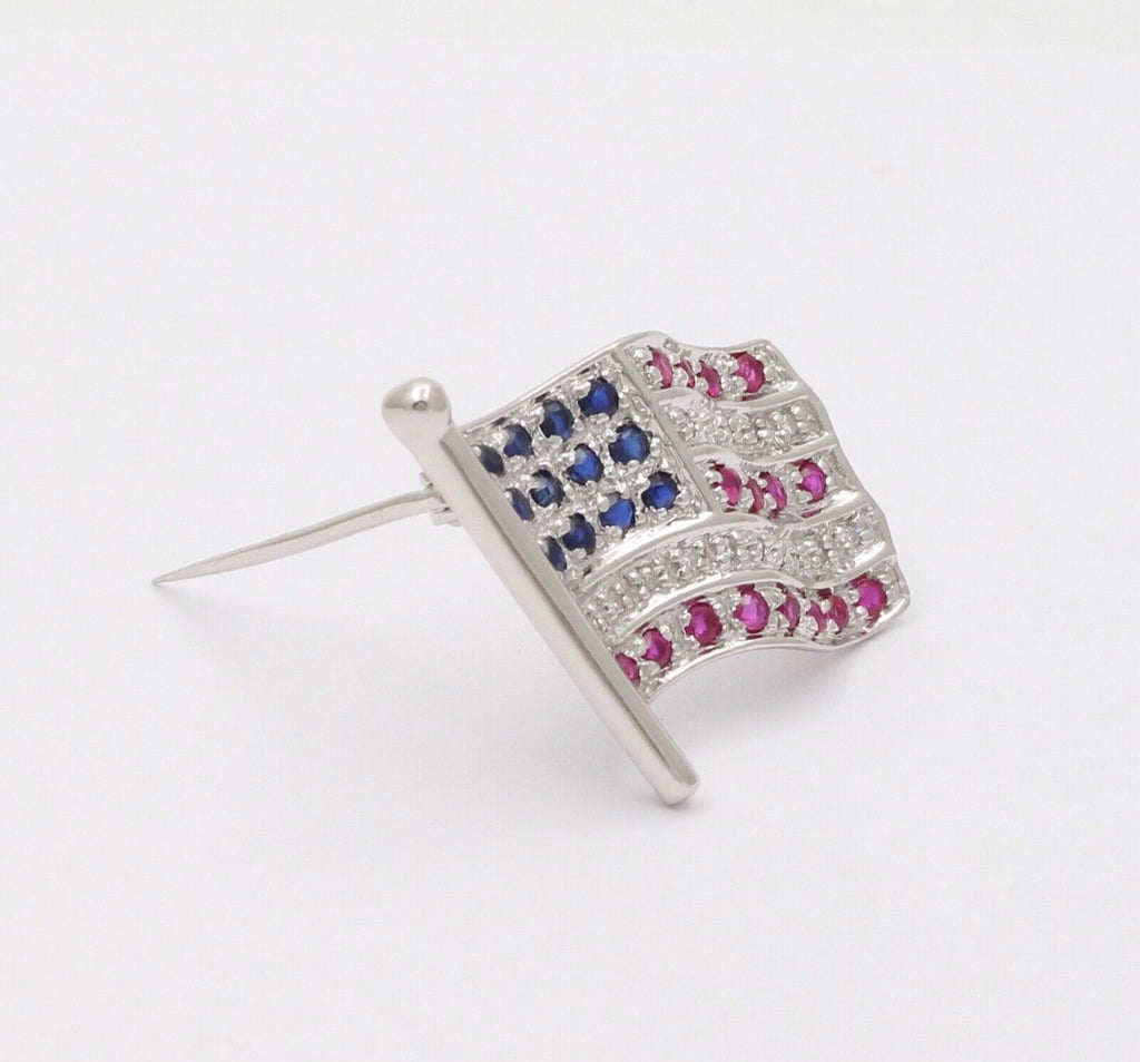 Classic 14K White Gold And Diamond American Flag, 4th of July Brooch, Pin.