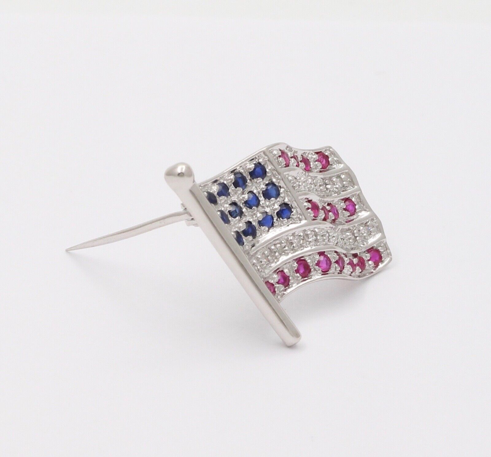 Classic 14K White Gold And Diamond American Flag, 4th of July Brooch, Pin.