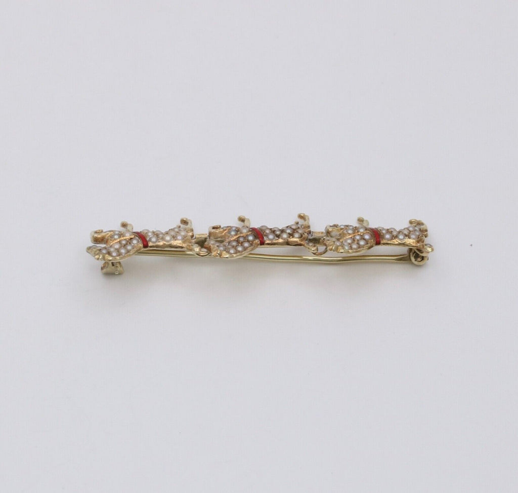 Victorian Hackney Horses Seed Pearls Red Enamel 14K Yellow Gold Brooch