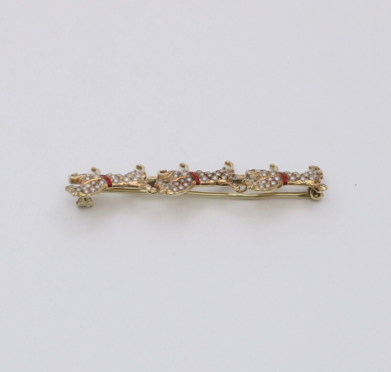 Victorian Hackney Horses Seed Pearls Red Enamel 14K Yellow Gold Brooch
