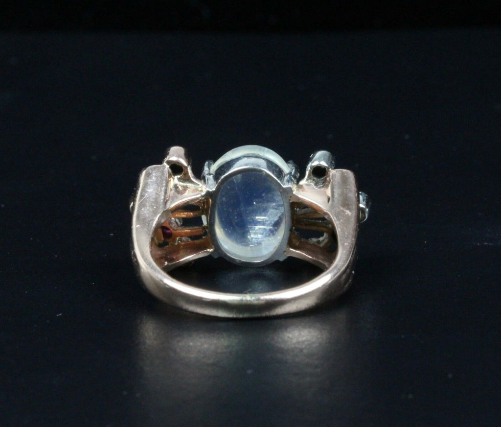 Retro 14K Rose Gold Moonstone Diamond Ruby Ring