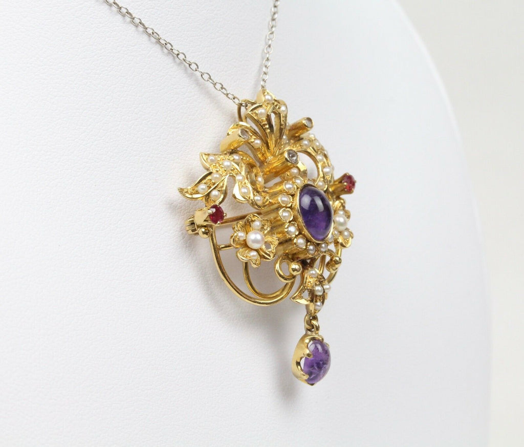 Victorian Ladies Brooch Pin Pendant Rubies Tourmaline Seed Pearls Amethyst
