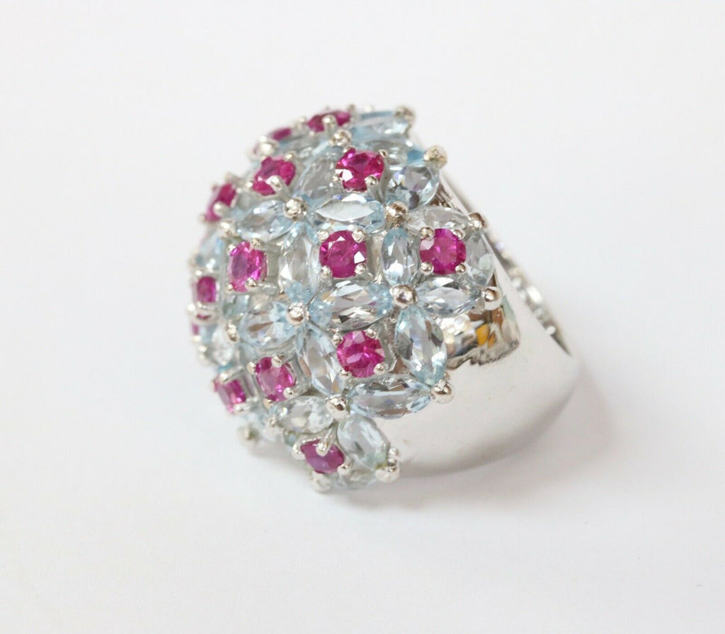 Large Statement Aquamarines Rubies 18K White Gold Dome Ring