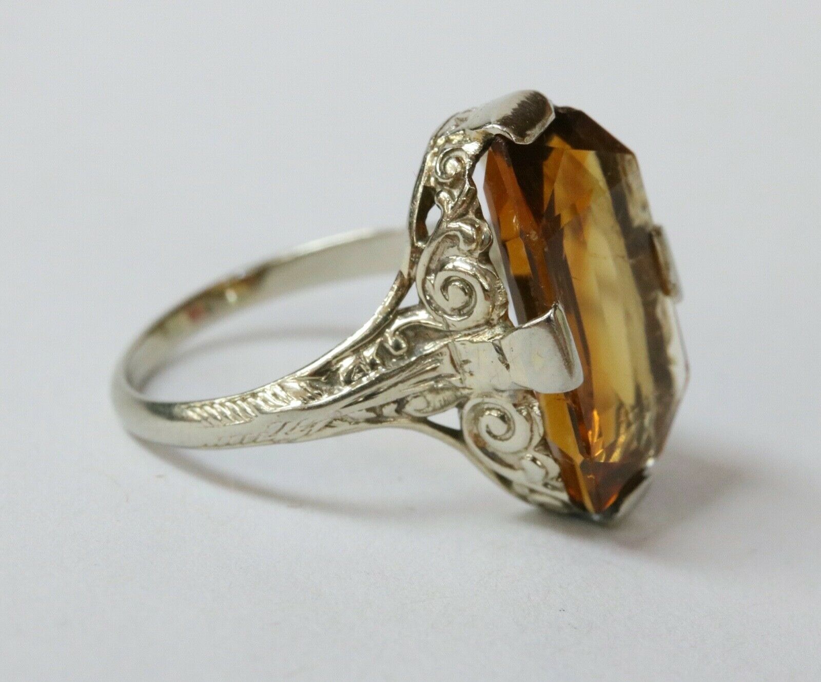 Art Deco Citrine 18K White Gold Filagree Ring