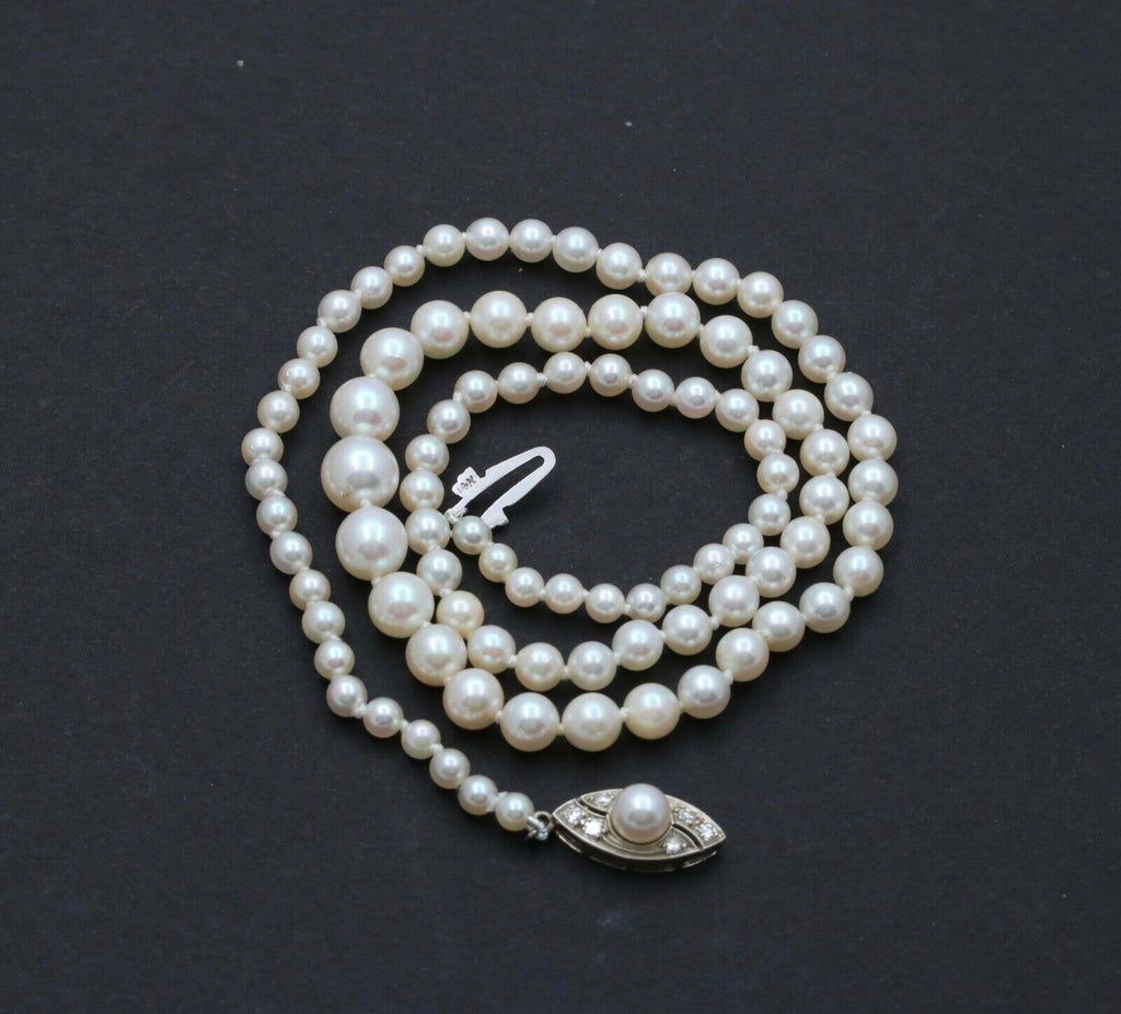 Art Deco Akoya Cultured Pearls Diamonds 14K White Gold Necklace