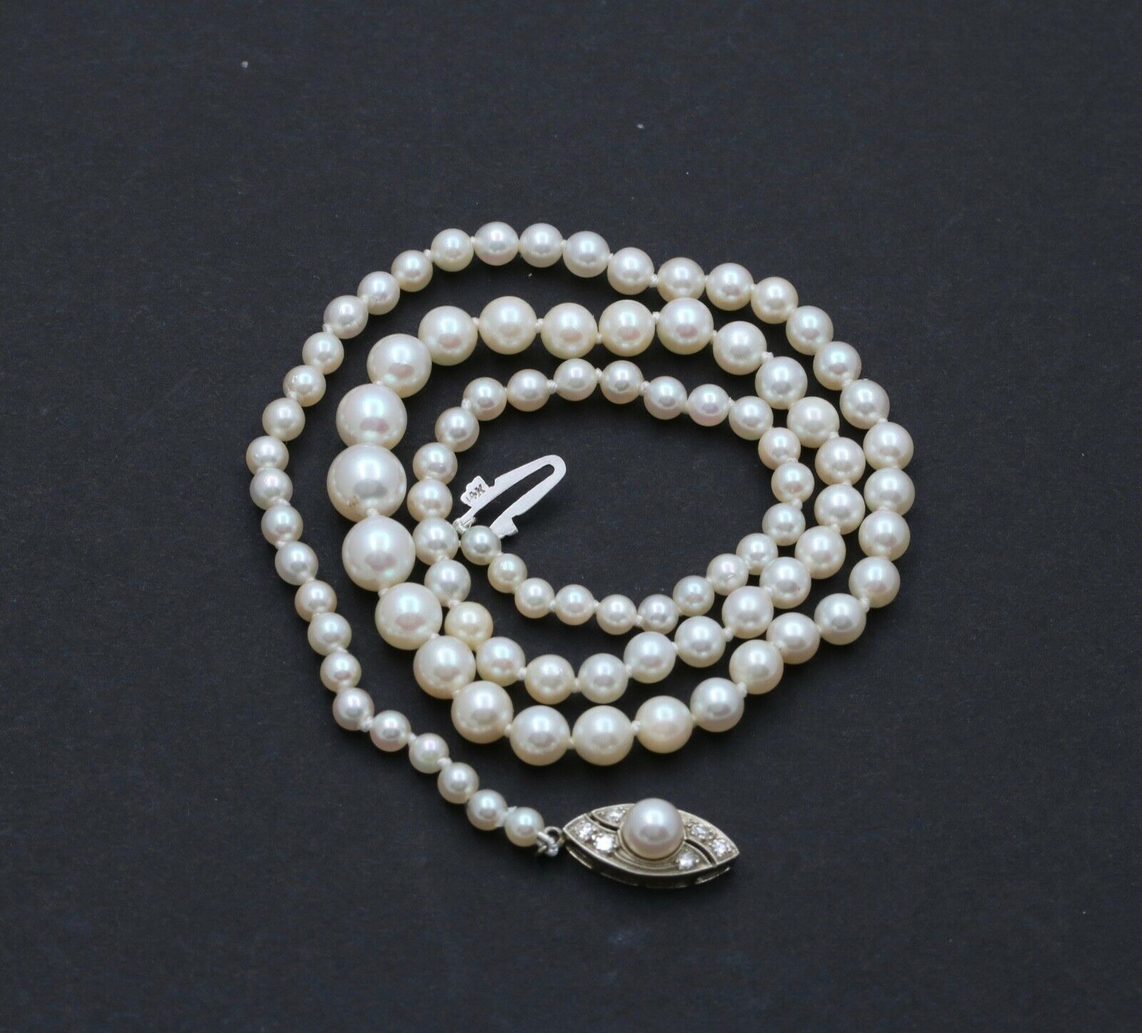 Art Deco Akoya Cultured Pearls Diamonds 14K White Gold Necklace