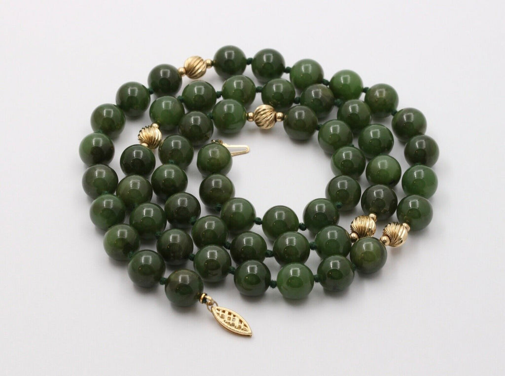 Vintage Spinach Jade Beaded 14K Yellow Gold Necklace