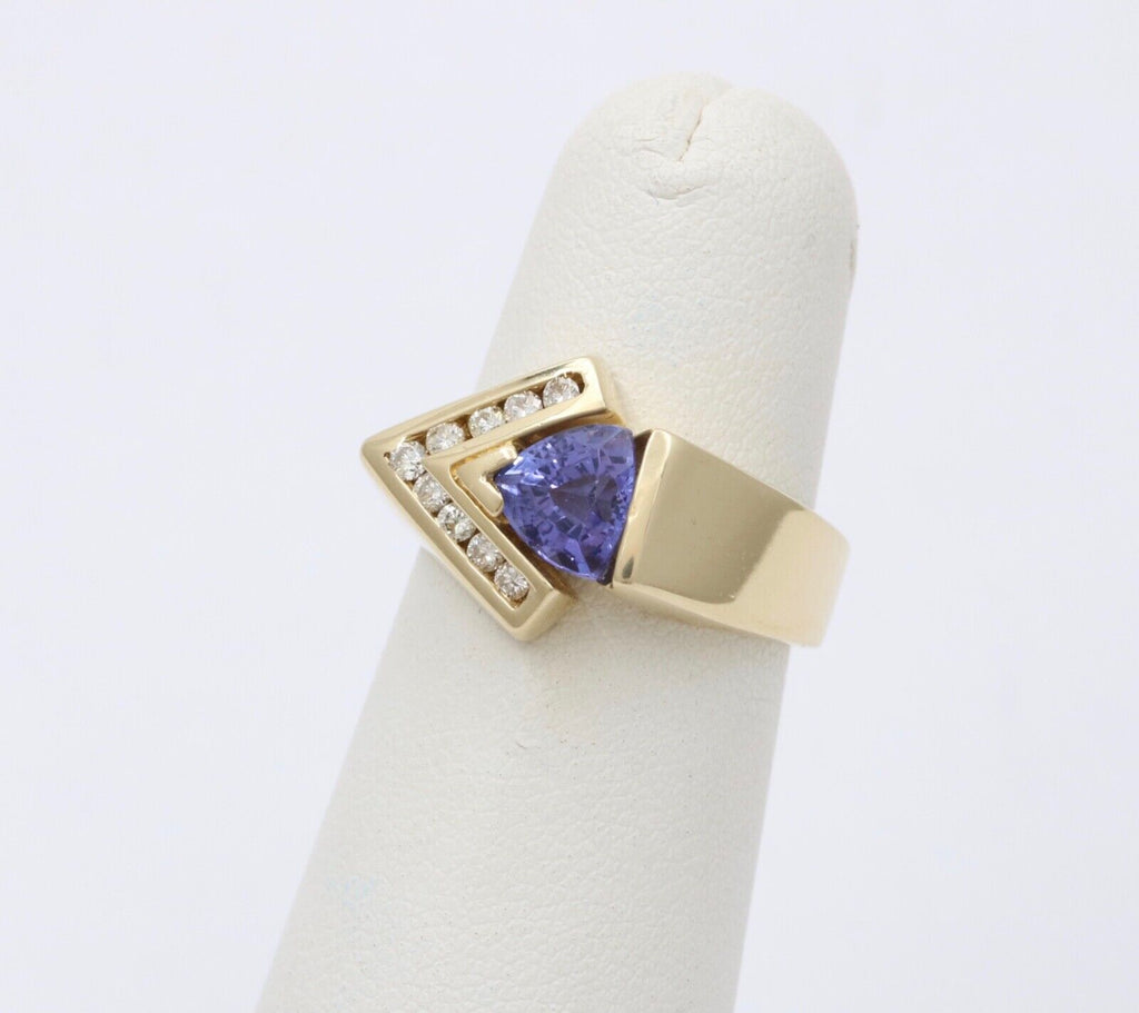 Vintage 14K Gold Geometric Tanzanite And Diamond Ring Band