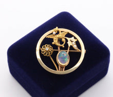 Load image into Gallery viewer, Art Nouveau 14K Yellow Gold Translucent Opal Diamond Seed Pearls Brooch Pin
