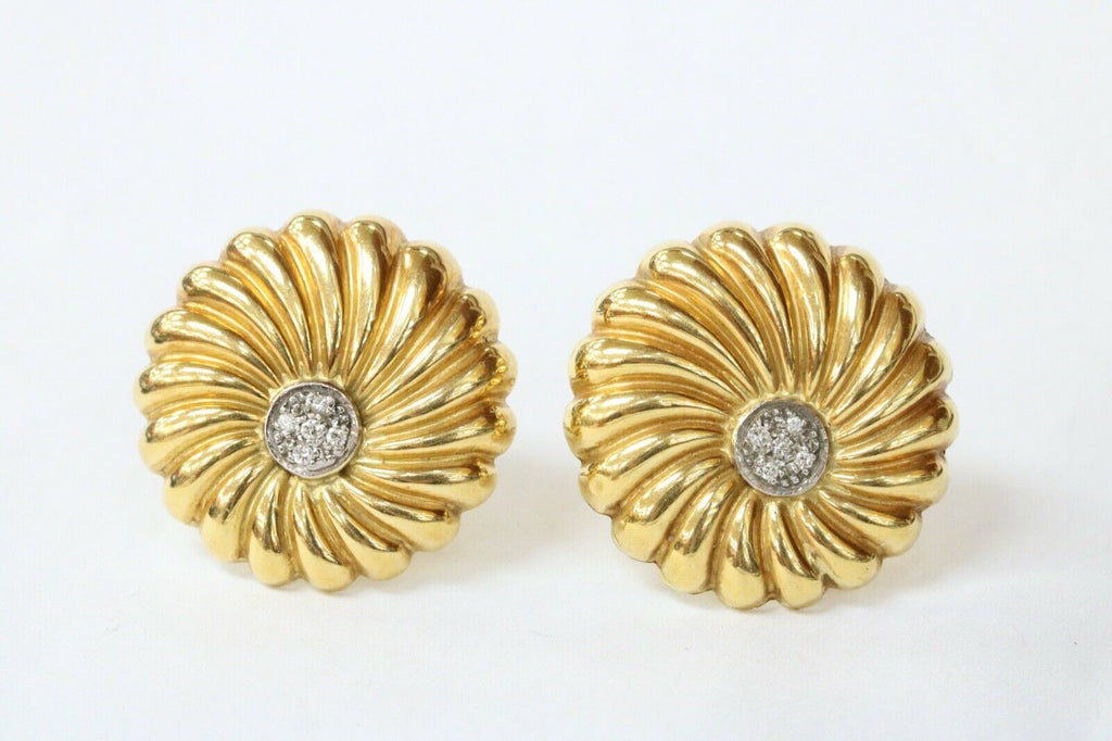 Vintage Diamonds 18K Yellow White Gold Chrysanthemum Flower Earrings