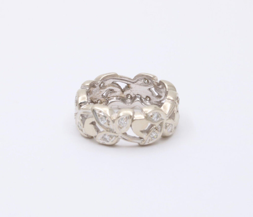 Vintage 14K White Gold Diamond Wide Ring Band.