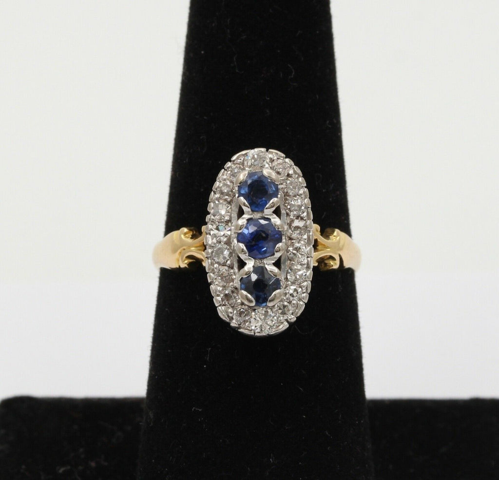 Edwardian Blue Sapphire Diamonds Yellow White Gold Ring