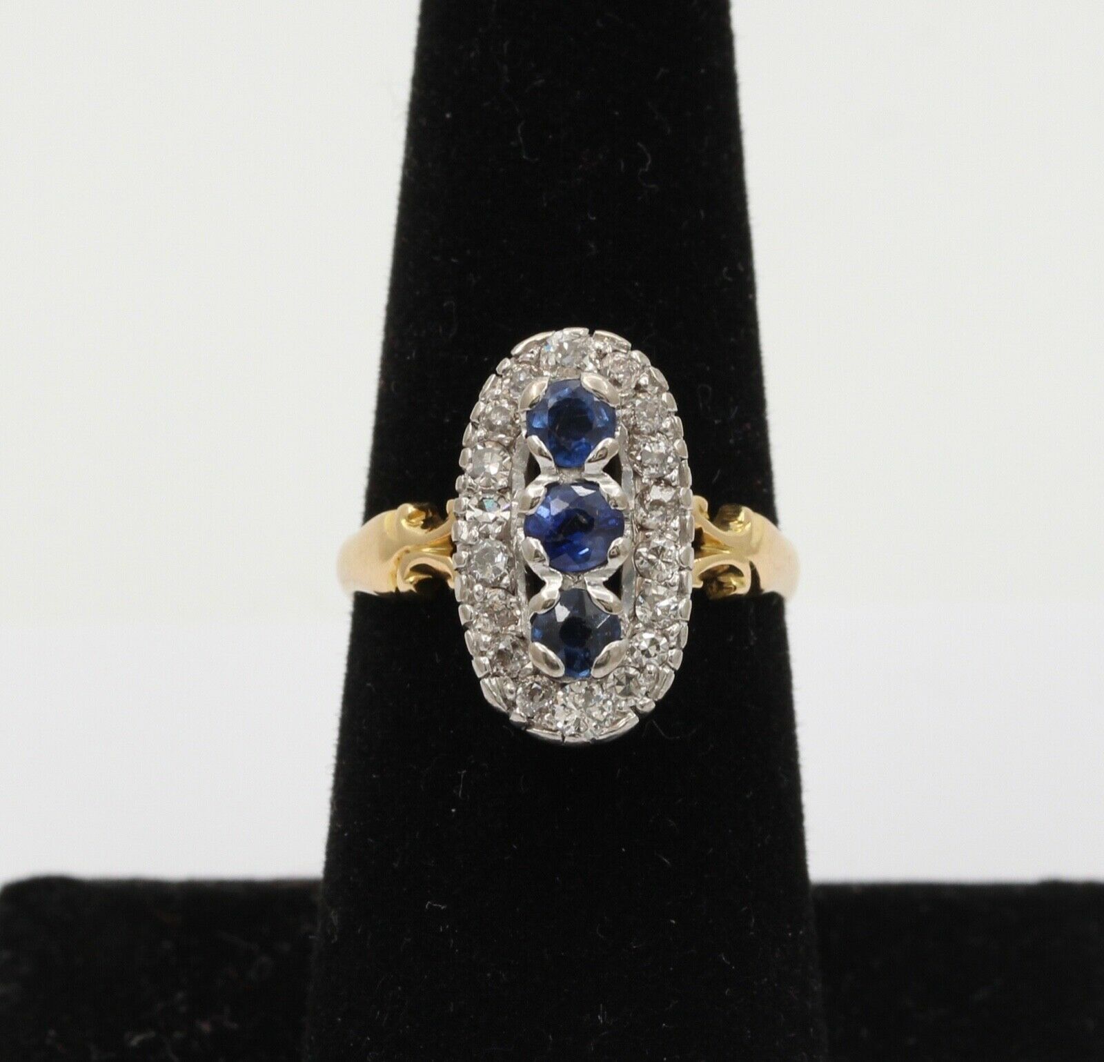 Edwardian Blue Sapphire Diamonds Yellow White Gold Ring