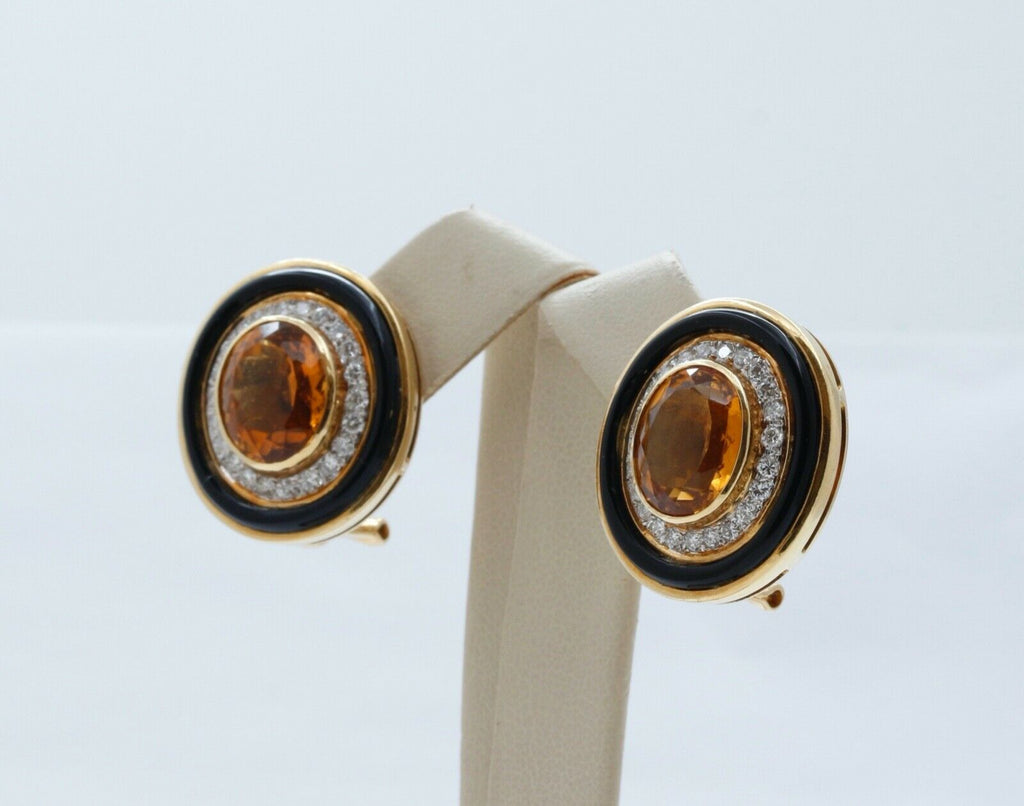 Vintage 18K Yellow Gold Citrine Diamonds Onyx Earrings