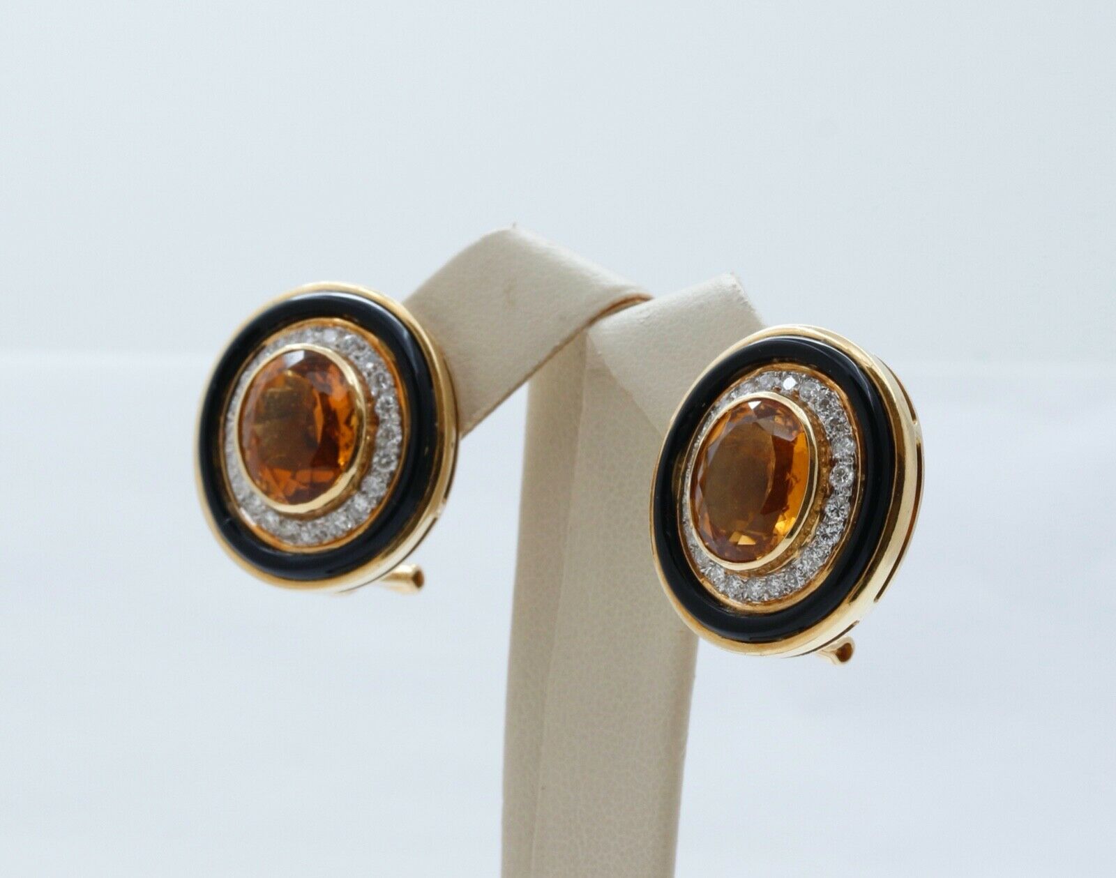 Vintage 18K Yellow Gold Citrine Diamonds Onyx Earrings