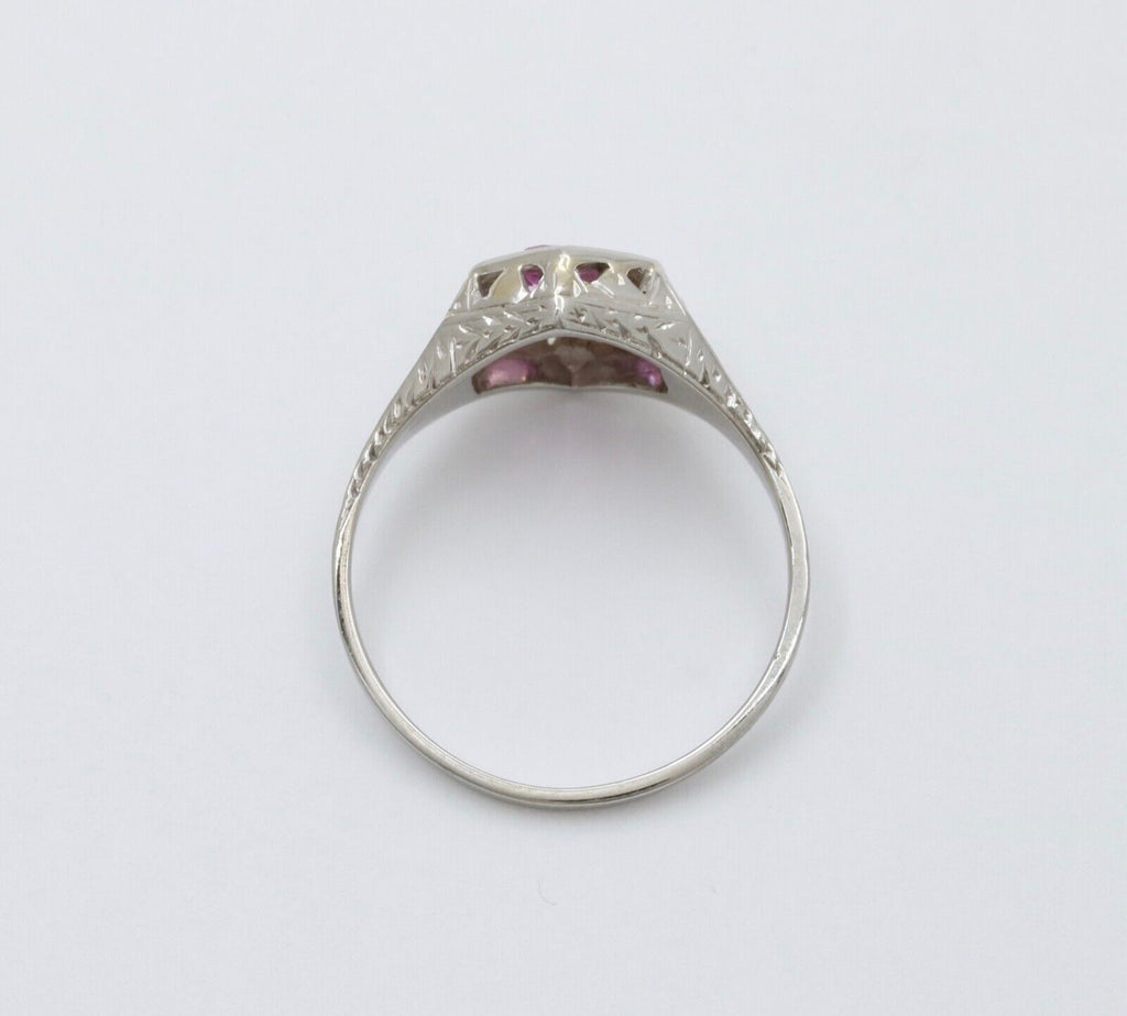 Art Deco 18K White Gold Pink Sapphire Filigree Ring Band, Engagement Ring