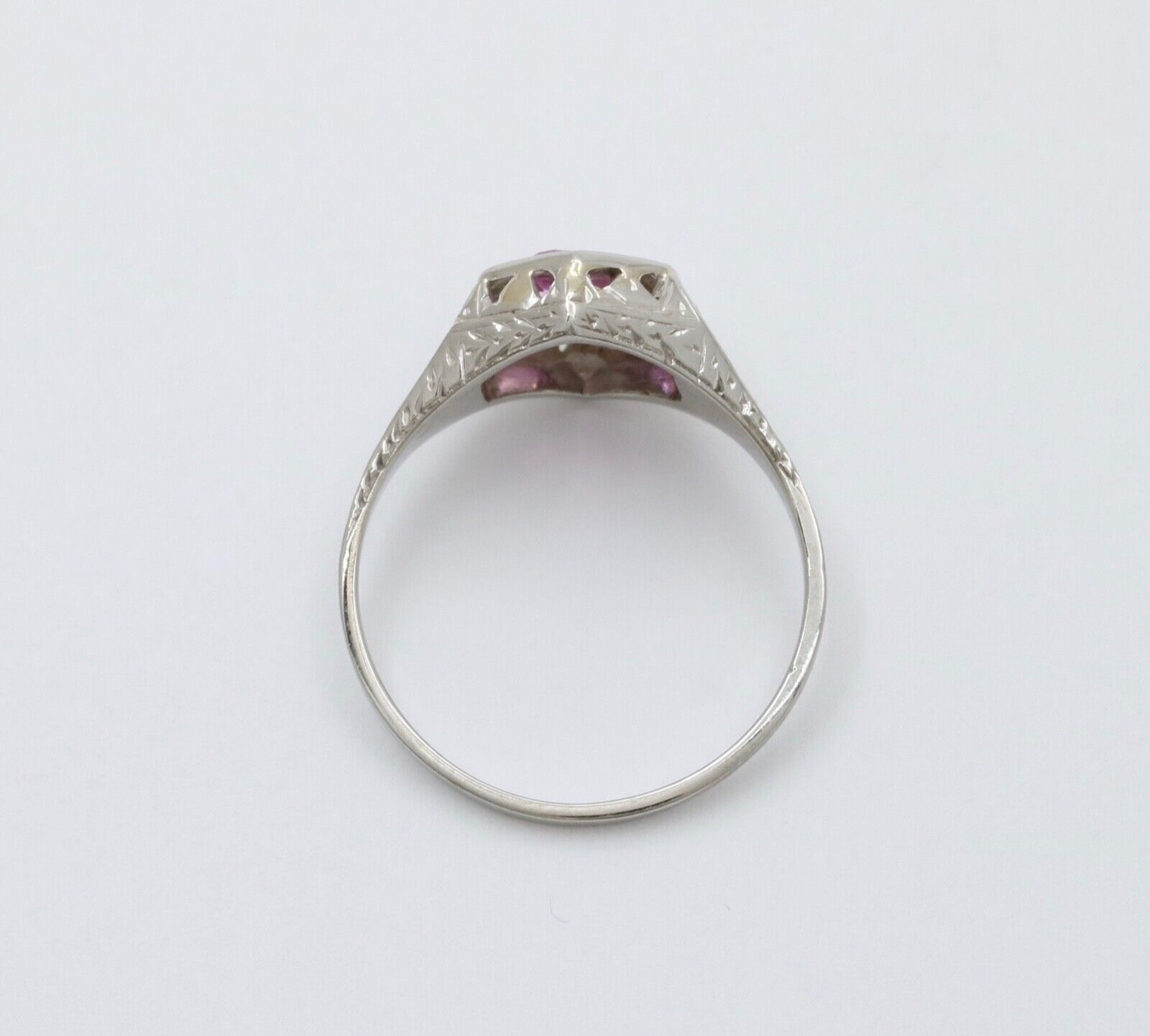 Art Deco 18K White Gold Pink Sapphire Filigree Ring Band, Engagement Ring