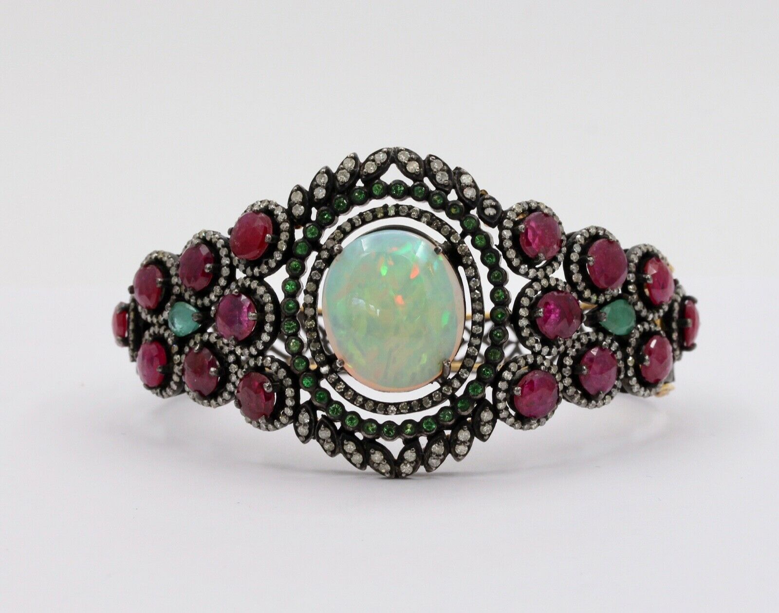 Victorian Revival Opal Rubies Emeralds Tsavorite Diamonds 14K Gold 925 Bangle