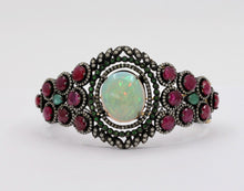 Load image into Gallery viewer, Victorian Revival Opal Rubies Emeralds Tsavorite Diamonds 14K Gold 925 Bangle
